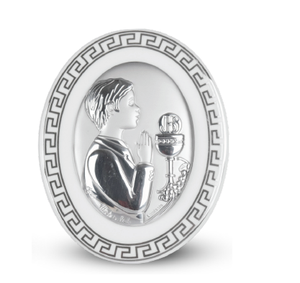 Religious Silver-Plated Circular Plaque with Embossed Prayer Scene and UV Printing Home Decoration Customizable - Product Image 1