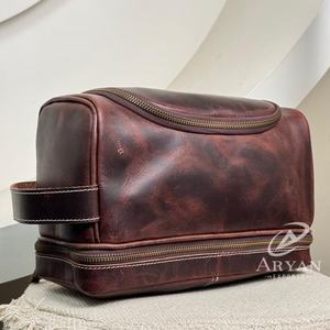 Neceser de viaje de cuero de grano completo de alta calidad para hombres, Kit Dopp colgante con compartimentos con cremallera, bolsa organizadora de afeitado - Product Image 1