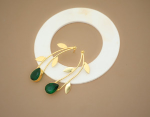 Elegant Gold-Plated Drop Earrings with Green Teardrop Gemstones and Leaf Design, Modern Floral-<b>Inspired</b> <b>Jewelry</b> for Women - Product Image 1