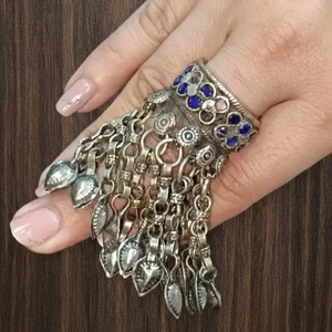 Large Round Blue Afghan Hand Ornament With Gold <b>Framing</b> Silver Bell Edging And Intricate Ring Connections - Product Image 3