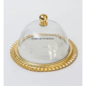 High Demanding Brass Antique Finished Top Quality Metal Antique Fancy Designer <b>Cake</b> Stand With Clear Glass Top <b>Cover</b> From India - Product Image 3