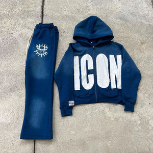 Ensemble de survêtement d'hiver délavé à l'acide en polyester et coton pour homme avec broderie, sweats à capuche évasés et fermeture éclair - Product Image 5