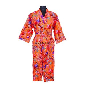 Indian Vintage Kantha Stitch Elegant Thermal Quilted Cotton <b>Kimono</b> Night Wear Dress Bikini Cover-Up Retro Women's Sleepwear - Product Image 1