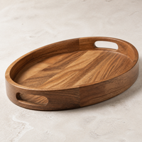 Grand plateau de service ovale en bois d'acacia avec poignées découpées pour le petit-déjeuner, le café, le thé, l'hôtel, le restaurant et la décoration de la maison