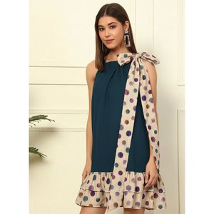 Deebaco Women's Halter Sleeveless Mini <b>Dress</b> With Polka Dot Ruffle Hem And Wrap Tie Detail A-Line Casual Summer Style - Product Image 6
