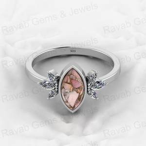 Vente de Noël Bague de créateur Marquise en argent véritable 925 avec pierre précieuse turquoise cuivre rose sertie en bélière Bijoux fins de confiance - Product Image 4