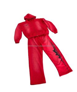 Chándal personalizado de gran tamaño para hombre 2025, conjunto de pantalones acampanados Vintage y sudadera con capucha, estampado de algodón lavado con ácido, diamantes de imitación, chándal de 2 piezas - Product Image 2