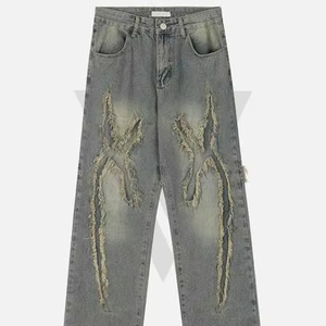 Men 100% Cotton 13oz Gray Denim Pants Distressed High <b>Waist</b> Straight Fit Casual Lightweight Fashion <b>Jeans</b> Wholesale OEM 2025 - Product Image 1