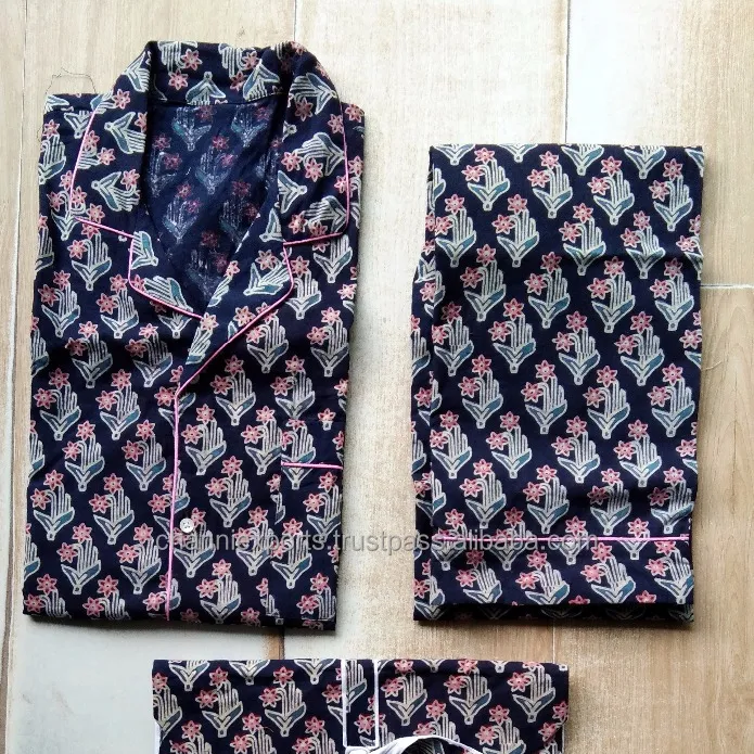 Schönes handblock bedrucktes Baumwoll-Lang-Pjama-Set für Nacht-Schlaf-Kleidung und Freizeitkleidung, bunter Druck langes Hemd und elastische Hosen