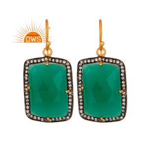 Best Selling Sterling Silver 18K Gold Plated Natural Cz & <b>Green</b> Onyx Gemstone Dangle <b>Earring</b> Demi Fine Jewelry Manufacturer - Product Image 1