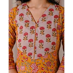 Kurti droit en coton jaune imprimé au bloc, style décontracté pour le club, conception personnalisée ODM, respirant et longueur au sol - Product Image 2