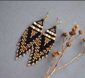 <b>Black</b> Gold <b>Earrings</b>, Fringe Seed Bead <b>Earrings</b> Boho Beaded Fringe <b>Earrings</b>, Quill Feather Bead <b>Earrings</b> - Product Image 1