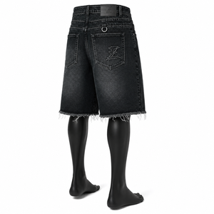 Men Vintage Washed <b>Layered</b> Denim Jorts Baggy Raw Hem Streetwear Jean Shorts Custom OEM ODM Wholesale - Product Image 5