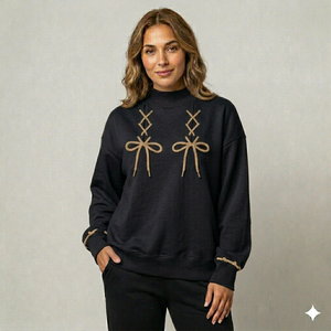 Women's Red Oversized Mock Neck Double Lace Up Bow Sweatshirt <b>Drop</b> Shoulder Long Sleeve Casual Fleece Pullover Loose Fit - Product Image 4