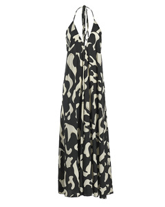 Vestido bohemio largo negro con escote en V profundo, sin espalda, hasta el suelo, talla única para mujer, con borlas (100% algodón) y estampado paisley. - Product Image 1
