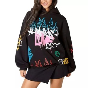 Vêtements pour femmes Pull-over à capuche avec logo personnalisé pour filles Couleur noire Manches longues Impression bouffante Design Vêtements personnalisables - Product Image 1