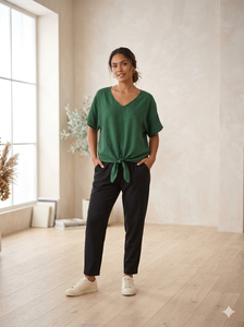 Blusa Verde de Rayón para Mujer, Cuello en V, Manga Corta, Hombros Caídos, Corte Holgado, Estilo Casual, con Lazo Delantero, Ecológica, para Verano - Product Image 2