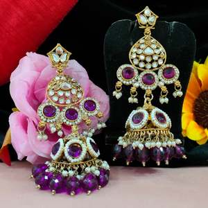 Traditional Heritage Kundan and Hanging <b>Pearls</b> Jhumkas For Women Acrylic Ear Jewelry Regal Appearance Finest Quality <b>Earrings</b> - Product Image 3