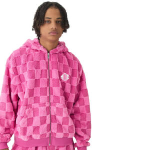 Ensemble de survêtement en molleton polaire à capuche unisexe, texture à carreaux, sweat à capuche zippé et pantalon de jogging décontracté pour la fabrication OEM - Product Image 3