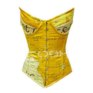 Corset sur mesure en satin à motif de carte vintage, jaune, avec baleines en acier, pour la mode et le cosplay - Product Image 3