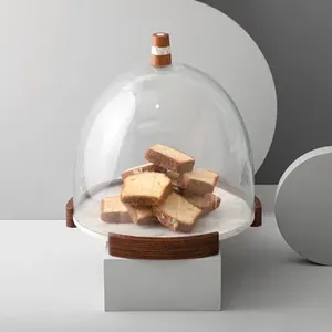 Deluxe Quality Serving Dome in Wood Base With Clear Glass <b>Lid</b> Perfect for Pastries and Fruits at Home and Weddings - Product Image 2
