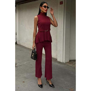Ensemble de costume côtelé rose pour femme 9946 avec col montant - Product Image 3
