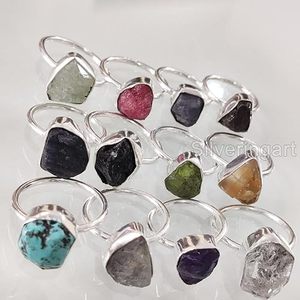 Anillo de Piedras Preciosas en Bruto para Mujer, Amatista Natural, Peridoto, Lapislázuli, Cuarzo, Joyería de Plata de Ley 925 - Product Image 2