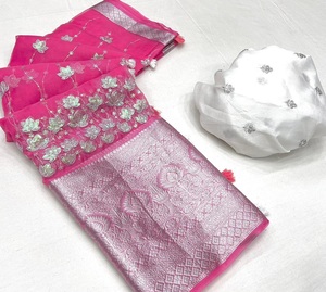 Bollywood hermoso Sari de seda de organza suave con borde elegante y blusa de trabajo completamente bordada ropa india y paquistaní - Product Image 2