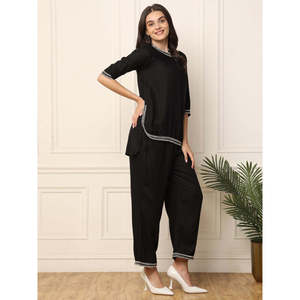 Deebaco Ensemble coordonné 2 pièces noir uni pour femme, col rond, manches 3/4, coupe ample, haut long décontracté avec pantalon, bordure perlée, toutes saisons - Product Image 5