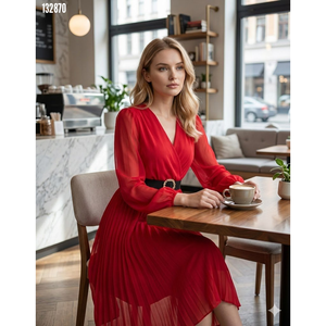 Women's <b>Chiffon</b> Fabric Lined Flared <b>Wrap</b> Neck Midi <b>Dress</b>, 38253 - Red - Product Image 2