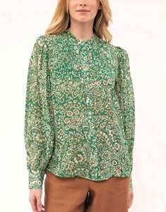 Blusa de Verano para Mujer, Manga Larga, Cuello Alto, Estampado Floral Vintage, Detalles Delicados en el Cuello, Cierre de Botones - Product Image 1