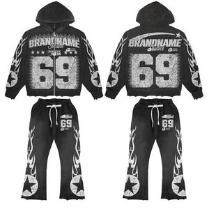 Nueva moda Baggy Streetwear Chándal Alta calidad 100% Algodón Unisex Chándales Conjunto Impreso Sudadera con capucha y pantalón Conjunto de dos piezas - Product Image 2