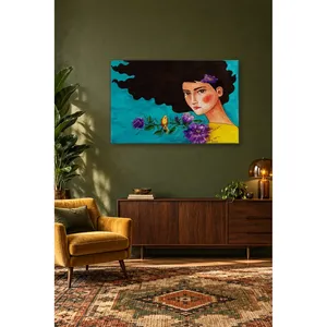 Fida Girl avec des cheveux noirs, un oiseau et des fleurs sur fond turquoise, impression sur toile - Product Image 4
