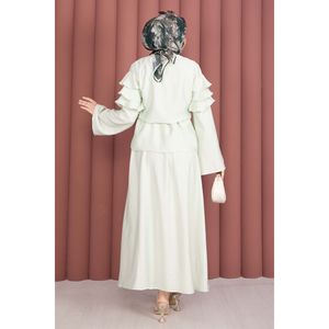 Ensemble 2 pièces pour femme en lin 100 %, jupe évasée et blazer avec détail volanté, taille empire, tissu crêpe uni menthe, idéal pour les occasions de jour - Product Image 5