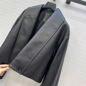 Chaqueta de cuero corta de lujo para mujer, estilo otoñal, manga larga, cuello abierto, color negro, cuello plegable, piel de oveja - Product Image 6