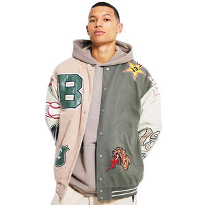 Veste universitaire sportive décontractée d'hiver personnalisée, double ton gris beige, corps gris beige, manches blanches, poignets rayés, bomber, lettreman - Product Image 1