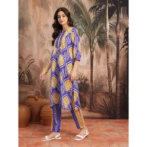 Conjunto de Kurta y Palazzo de Crepé Estampado Azul para Mujer, para Primavera/Verano, con Mangas Tres Cuartos - Product Image 3