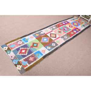 3x11.6 ft Turkish Rug, Vintage <b>Runner</b> Rug, <b>Red</b> Ikat Wool Rug - Product Image 2