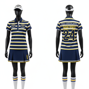Uniforme de tennis pour femmes en polyester de qualité supérieure, respirant et anti-humidité, chemise polo rayée bleu marine et jaune, jupe plissée, logo personnalisé par sublimation - Product Image 1