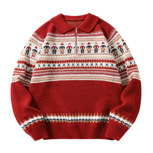 <b>Men's</b> Red Knit <b>Jumper</b> White Geometric Print Casual Autumn/<b>Winter</b> Anti-Pilling Polyester Zipper Closure Full Sleeve - Product Image 3