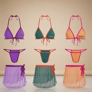 Women's 3 Piece <b>Bikini</b> Set Custom Logo Triangle Swimwear With <b>Skirt</b> - Product Image 1