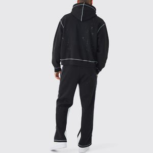Survêtement Streetwear noir délavé à l'acide avec impression personnalisée Sweat à capuche surdimensionné et pantalon évasé à rayures contrastées Survêtements à pull - Product Image 6