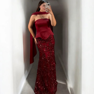 Elegante Vestido de Noche para Mujer, Vestido de Sirena con Lentejuelas, Manga Larga, Vestido para Invitadas de Boda, Color Borgoña, Crema, Azul Marino, Tallas 36 38 40 42 - Product Image 1