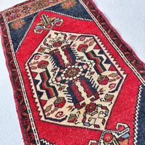 Vintage Rug, 2x4.2 ft Turkish Rug, <b>Red</b> Black Floral <b>Wool</b> Rug - Product Image 3