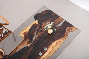Tavolo da Pranzo Moderno in Resina Epossidica Grigia Trasparente con Lastra in Legno di Noce Sudamericano, Lussuoso Piano in Legno Massello con Bordo Dritto 243cm - Product Image 5
