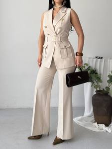 Conjunto de chaleco blazer elegante sin mangas para mujer con cinturón y pantalones de pierna ancha, color sólido, cuello con muescas, diseño de doble botón - Product Image 3