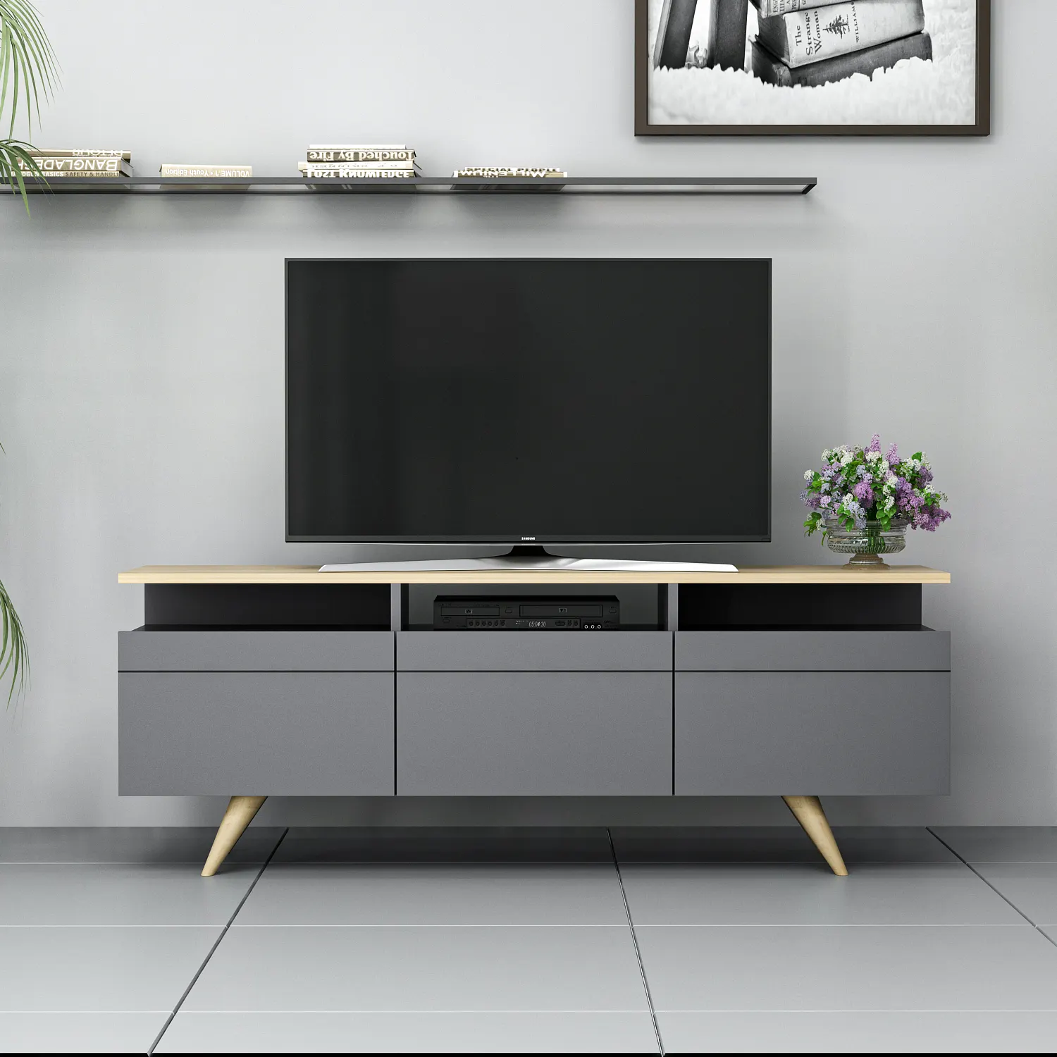 Meuble TV moderne pour maison Berlin Anthracite Sapphire Oak Style Home Design Ergonomique Simple Cabinet avec portes Meubles de salon