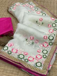 Tendance Outfit Haute Qualité Doux Organza Saree Broderie Travail Contraste Passepoil Travail Avec Blouse Fabrication De Surat - Product Image 5