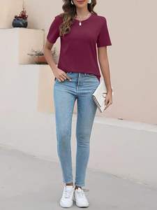 Camisetas de verano informales ecológicas y antipilling para mujer, camisetas de manga corta con bloques de color con decoración bordada - Product Image 4