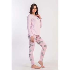 Conjunto de pijama de licra para mujer con cuello redondo, mangas largas, cintura ovalada y puños - Rosa - Rosa - Product Image 4